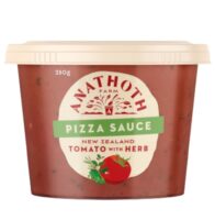 Tub of Anathoth Farm New Zealand tomato with herb pizza sauce, 280g.