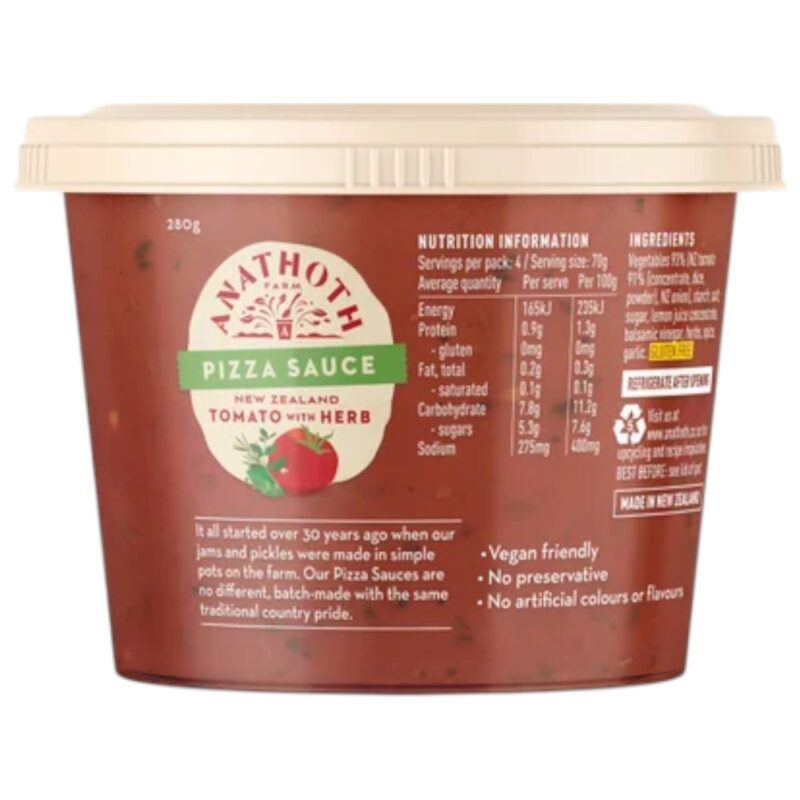 Tub of Anathoth Farm New Zealand tomato with herb pizza sauce, 280g size.