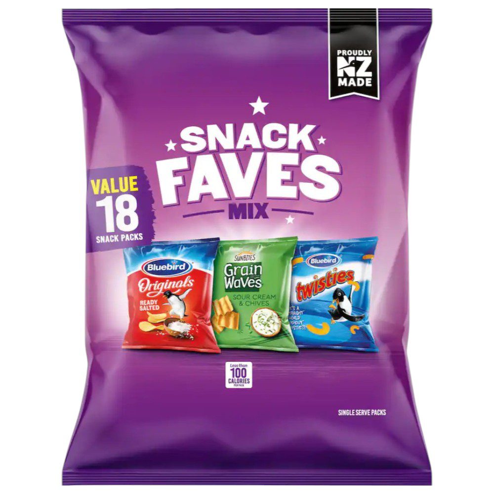 Bluebird Snack Faves multipack containing 18 individual snack packs of various chip flavours.