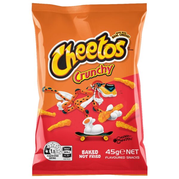 Cheetos Crunchy snack pack featuring a cartoon cheetah on a skateboard with cheese-flavoured snacks.