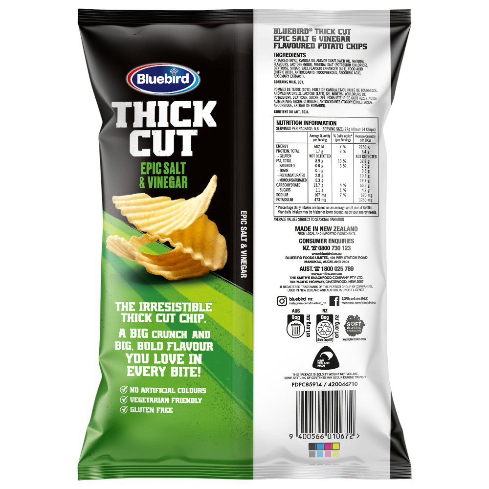 Back packaging of Bluebird Thick Cut Epic Salt and Vinegar Potato Chips 150g with nutritional information.
