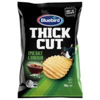 Packet of Bluebird Thick Cut Epic Salt and Vinegar Potato Chips weighing 150g.
