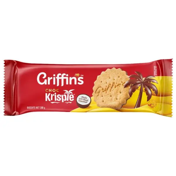 Pack of Griffin's Choc Krispie biscuits weighing 200 grams, featuring a biscuit with a palm tree design.