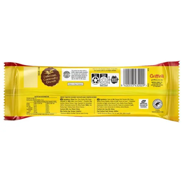 Nutritional information label for Griffin's Krispie chocolate biscuits packaging.