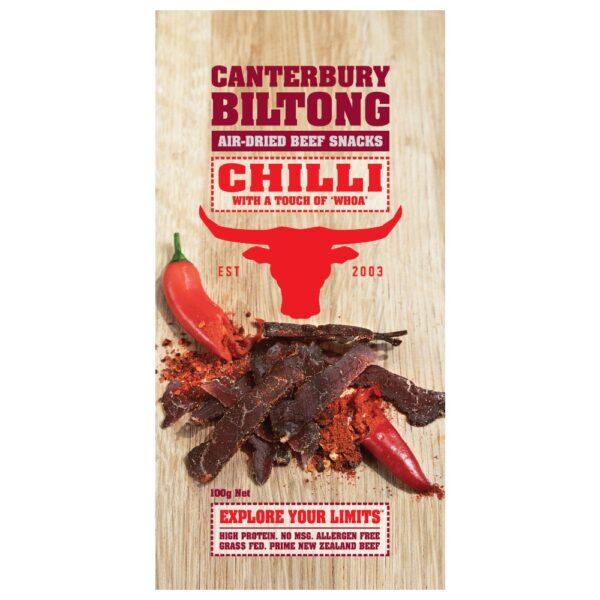 Pack of Canterbury Biltong air-dried beef snacks with chilli flavour and red chillies on the packaging.