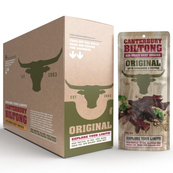 Packaging of Canterbury Biltong Original 100g featuring a bull logo and product details.