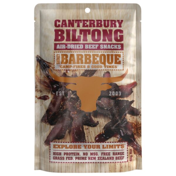 40g pack of Canterbury Biltong BBQ flavour air-dried beef snacks with a bull logo.