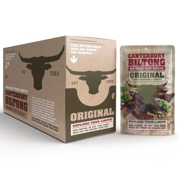 40g pack of Canterbury Biltong Original with carton packaging featuring branding and product details.
