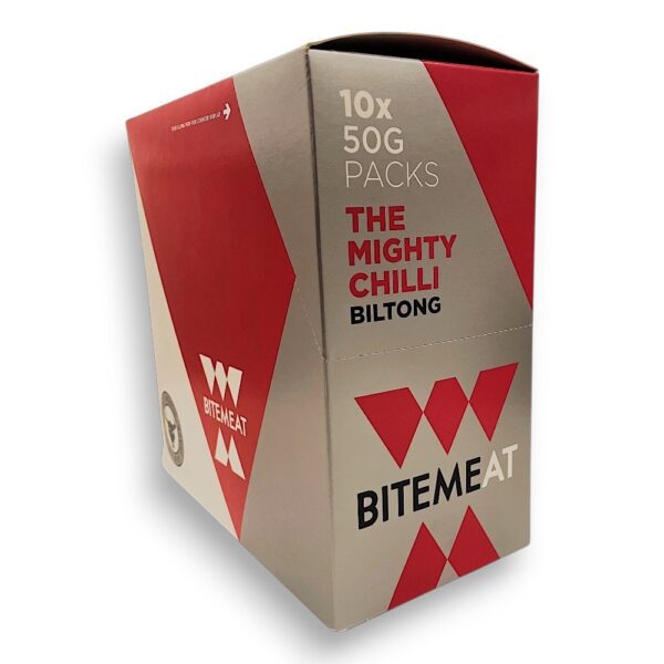 Carton of BiteMeat Mighty Chilli Biltong containing ten 50g packs.