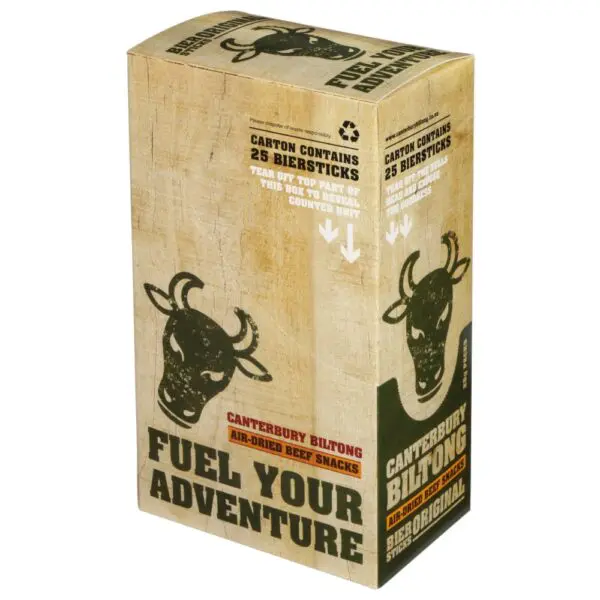 Carton of Canterbury Biltong Original 25g Biersticks containing 25 air-dried beef snacks.