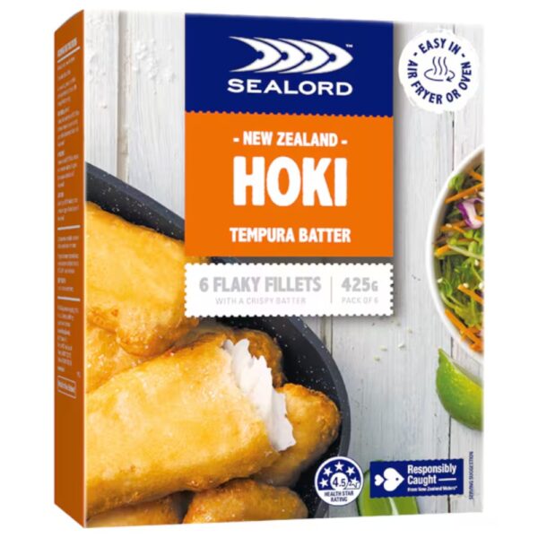 Pack of Sealord Hoki fillets in tempura batter, featuring six flaky fillets in a box.