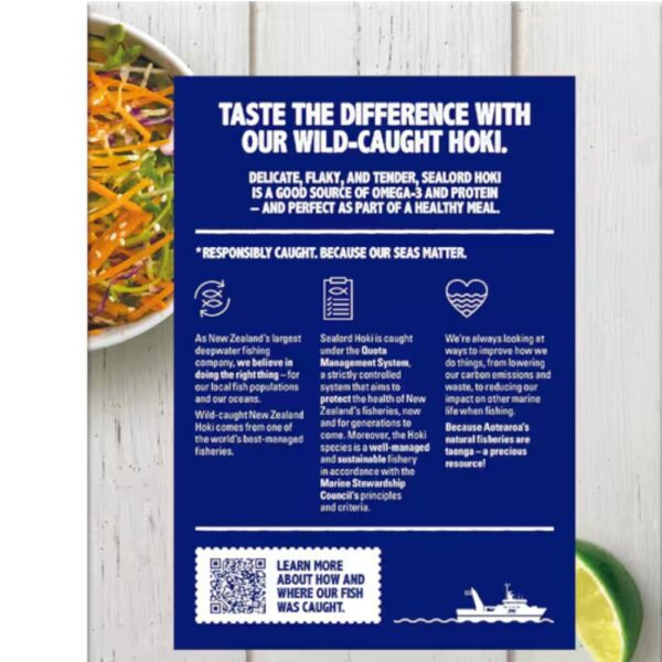Back of Sealord Hoki fillets tempura battered packaging with information and QR code.
