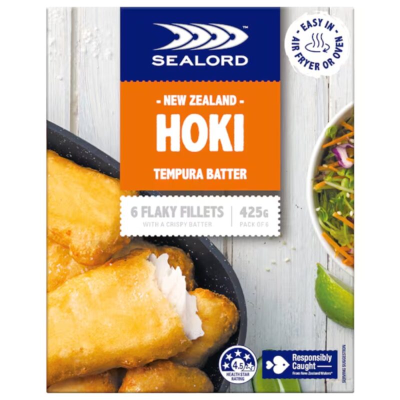 Pack of Sealord Hoki tempura battered fillets weighing 425g, featuring six flaky fillets.