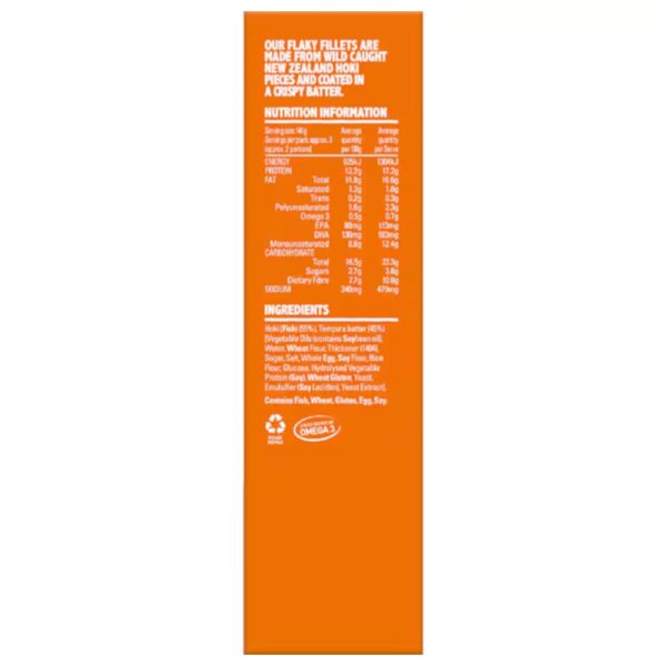 Nutritional information panel for Sealord Hoki fillets in tempura batter, detailing ingredients and nutritional values.