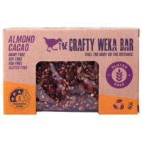 Crafty Weka gluten free almond cacao bar packaging with nutritional information and branding.