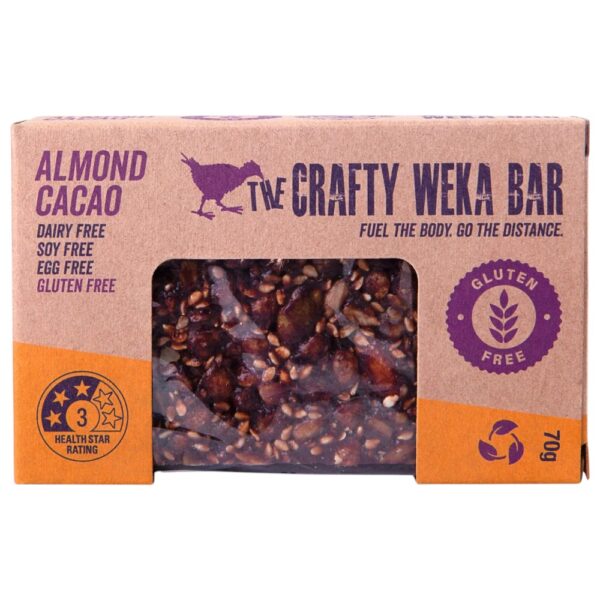 Crafty Weka gluten free almond cacao bar packaging with nutritional information and branding.