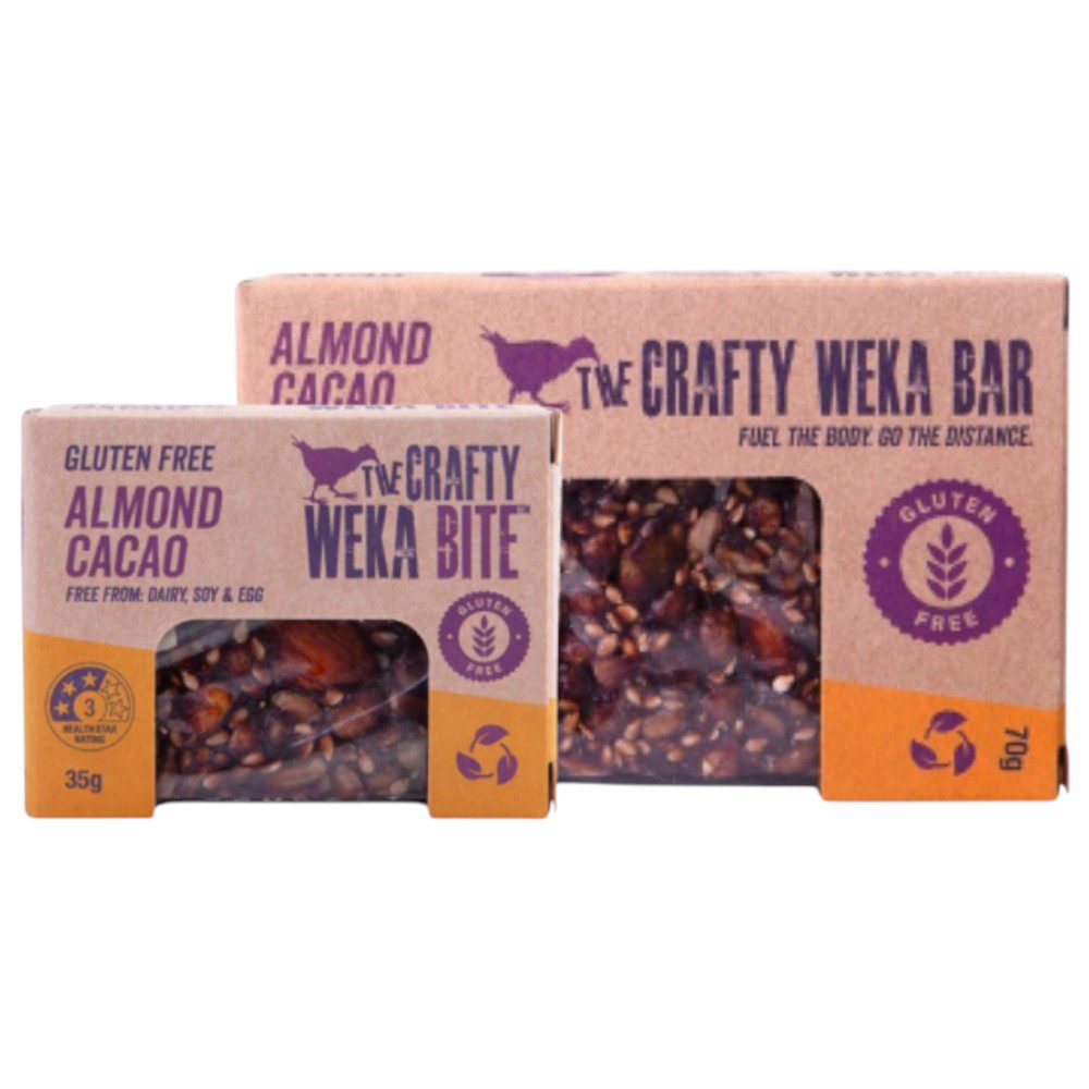 Almond cacao selection from The Crafty Weka, featuring gluten-free snack bars and bites in packaging.