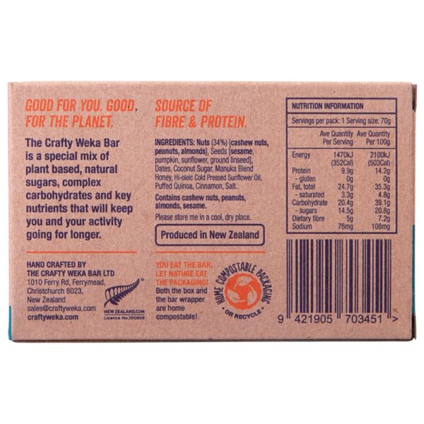 Back packaging of the Crafty Weka gluten free nutty caramel bar with nutritional information.