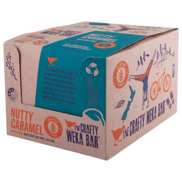 Carton packaging of The Crafty Weka Nutty Caramel Bar, featuring a colourful design and nutritional information.