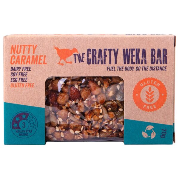 Packaged gluten-free nutty caramel bar with a cardboard box design and nutritional information.
