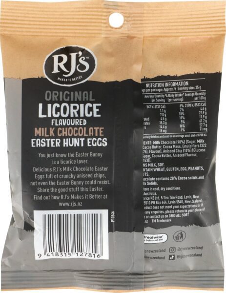 RJ's Original Licorice Flavoured Milk Chocolate Easter Hunting Eggs 120g Back