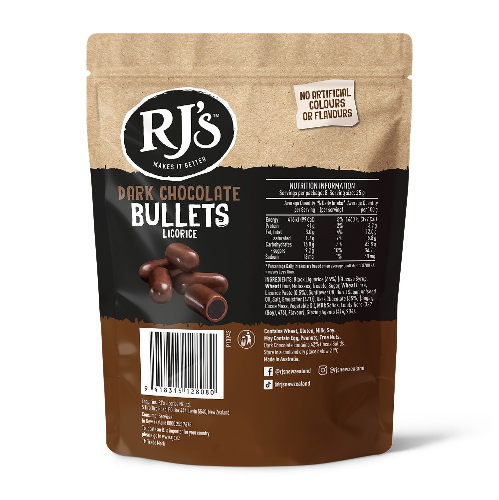 Rj's Licorice Dark Chocolate Bullets 200g Back