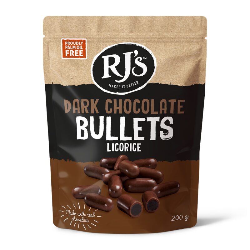 Rj's Licorice Dark Chocolate Bullets 200g Front