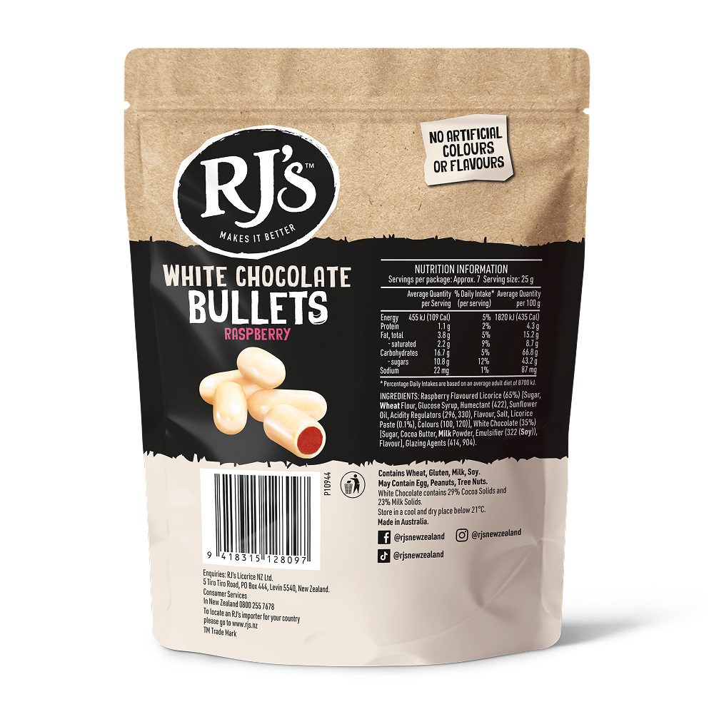Rj’s Licorice Raspberry White Chocolate Bullets 200g Back
