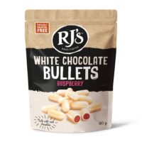Rj’s Licorice Raspberry White Chocolate Bullets 200g Front