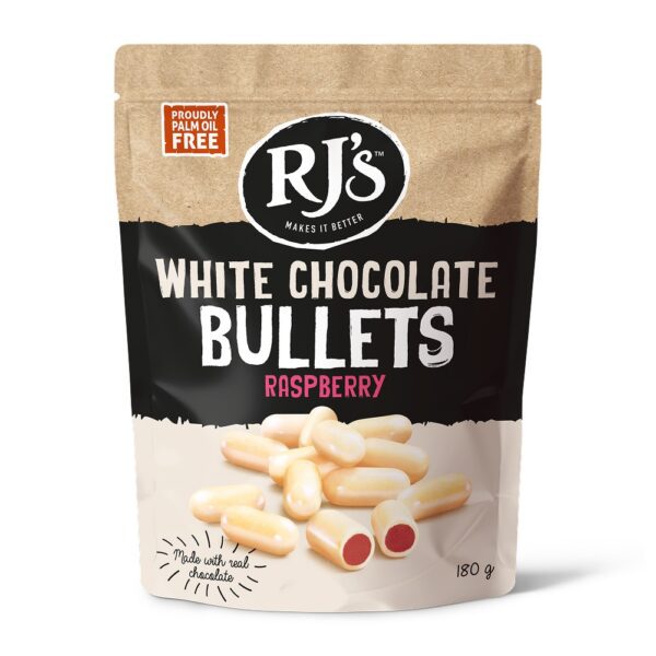 Rj’s Licorice Raspberry White Chocolate Bullets 200g Front