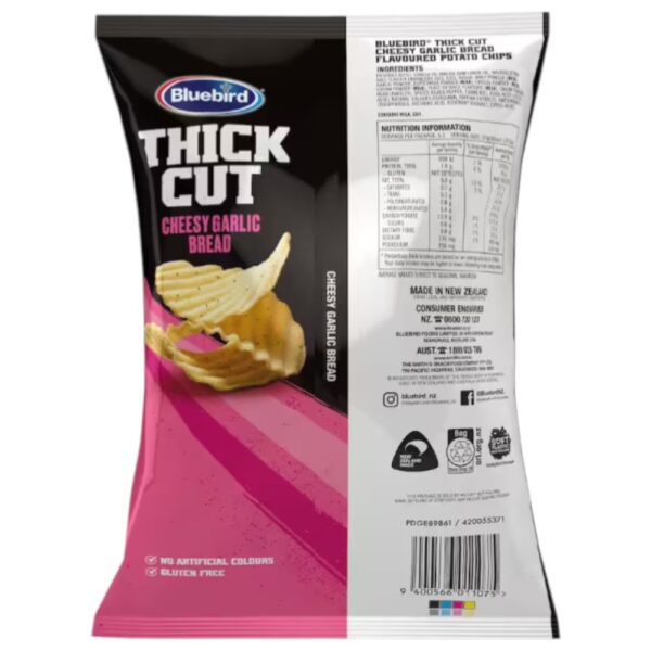Back packaging of Bluebird Thick Cut Cheesy Garlic Bread Chips in a 140g bag with nutritional information.