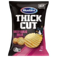 Packet of Bluebird Thick Cut Cheesy Garlic Bread Chips weighing 140g with a penguin illustration.