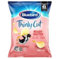 Bluebird Thinly Cut Ready Salted Potato Chips packaging featuring a penguin illustration.