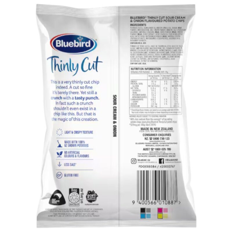 Back of a 35g packet of Bluebird thinly cut sour cream and onion potato chips.
