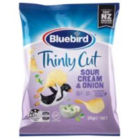 Bluebird Thinly Cut Sour Cream and Onion potato chips packet featuring a penguin and green dip.