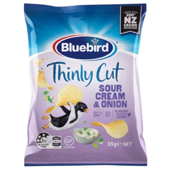 Bluebird Thinly Cut Sour Cream and Onion potato chips packet featuring a penguin and green dip.