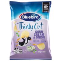 Bluebird Thinly Cut Sour Cream and Onion Potato Chips packaging featuring a penguin image and chips.