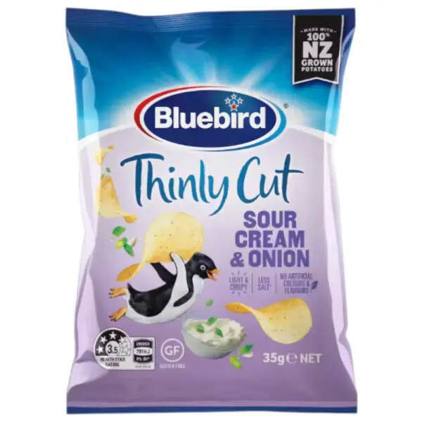 Bluebird Thinly Cut Sour Cream and Onion Potato Chips packaging featuring a penguin image and chips.