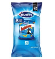 Bluebird Twisties snack pack containing six individual bags, featuring a blue design with a penguin logo.