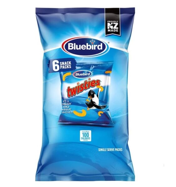 Bluebird Twisties snack pack containing six individual bags, featuring a blue design with a penguin logo.