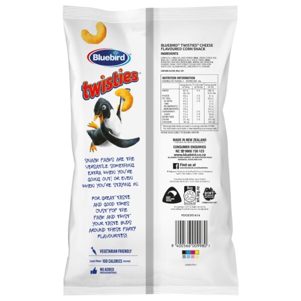Back packaging of Bluebird Twisties cheese flavoured corn snack 6 pack with nutritional information.