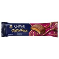 Pack of Griffin's Original Toffee Pops biscuits with a chocolate coating and toffee filling.