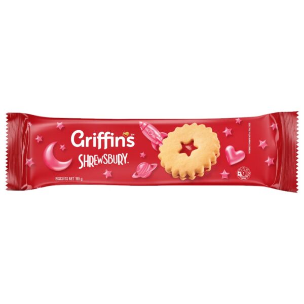 Red packaging of Griffin's Shrewsbury biscuits featuring a star-shaped biscuit design.
