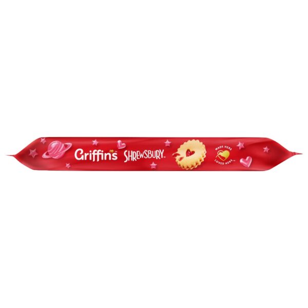 Packaging of Griffin's Shrewsbury biscuits featuring a red design with a biscuit image.