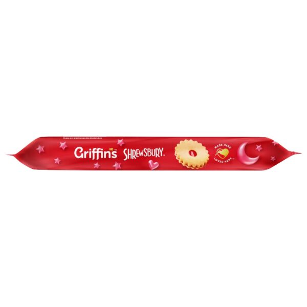 Red packaging of Griffin's Shrewsbury biscuits featuring a yellow biscuit illustration.