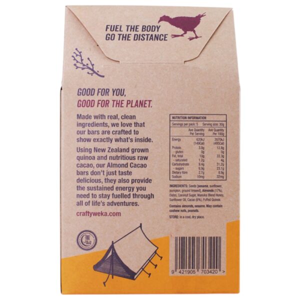 Packaging of Crafty Weka gluten-free almond cacao bites featuring nutritional information and branding.