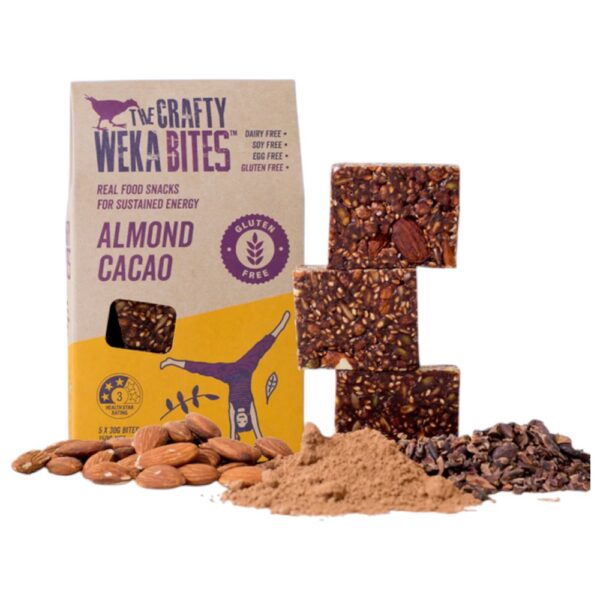 Pack of The Crafty Weka gluten-free almond cacao bites with ingredients including almonds and cacao powder.