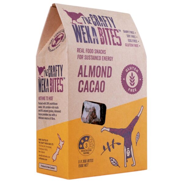 Brown paper packaging for The Crafty Weka gluten-free almond cacao bites, featuring a character illustration and nutritional information.