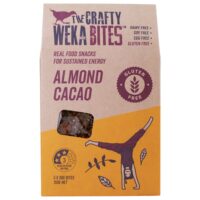Pack of The Crafty Weka gluten-free almond cacao bites, featuring a person doing a handstand on the packaging.