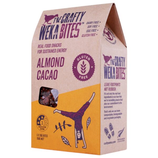 Packaged gluten-free almond cacao bites in a cardboard box with a graphic design.